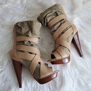 Report Signature Olive Leather Zipper Buckles Platform Boots SZ 8.5
